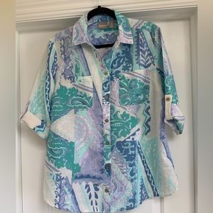 CHICO’S Cotton Linen Artsy Roll Tab Shirt Womens 2 Large Coastal Beach Tropical